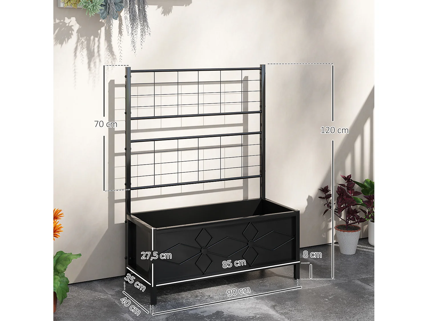 Jardinière treillis sur pied design fleurs - dim. 90 x 40 x 120 cm - acier thermolaqué noir