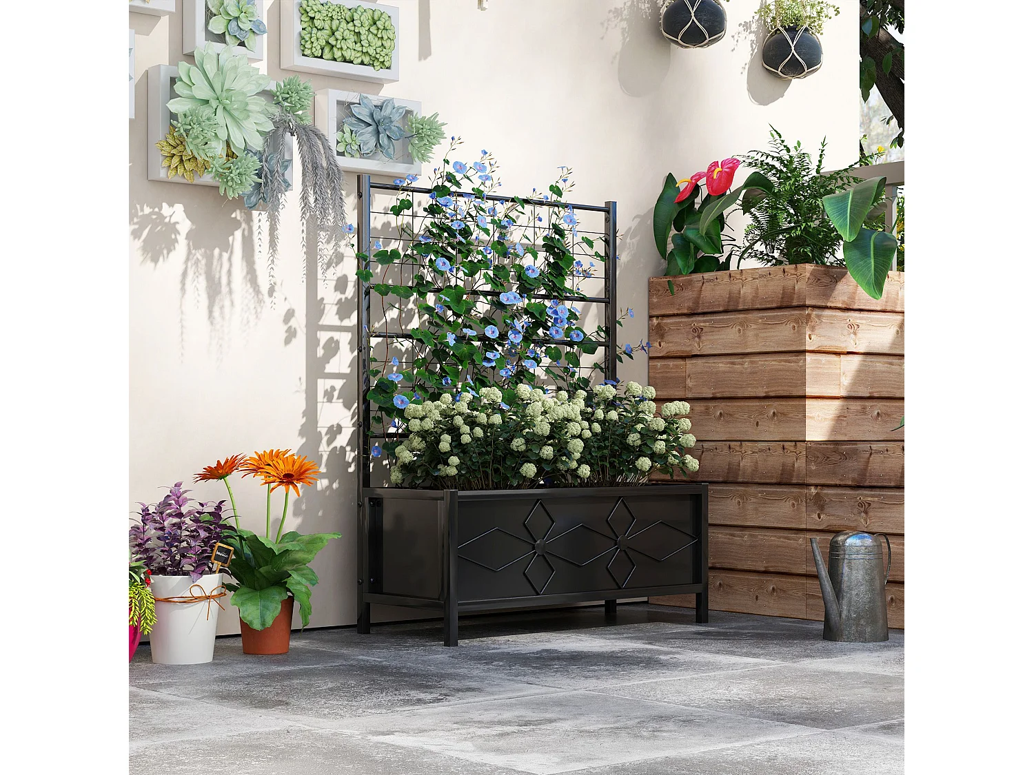 Jardinière treillis sur pied design fleurs - dim. 90 x 40 x 120 cm - acier thermolaqué noir