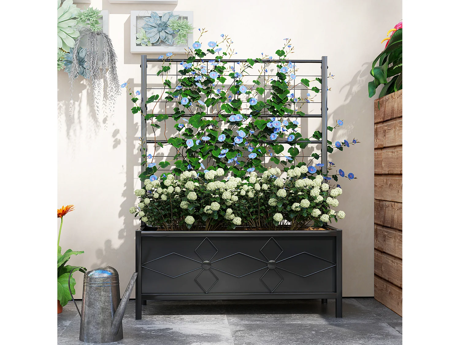 Jardinière treillis sur pied design fleurs - dim. 90 x 40 x 120 cm - acier thermolaqué noir