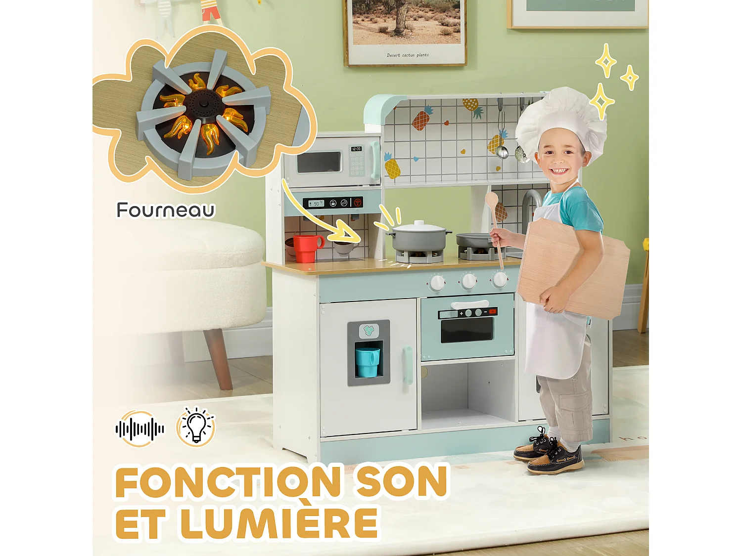 Cuisine en bois enfant effets sonores & lumineux micro-ondes lave-vaisselle four nombreux rangements accessoires