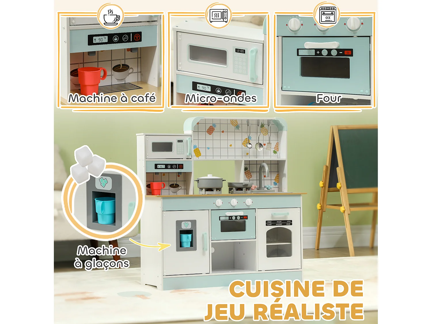 Cuisine en bois enfant effets sonores & lumineux micro-ondes lave-vaisselle four nombreux rangements accessoires