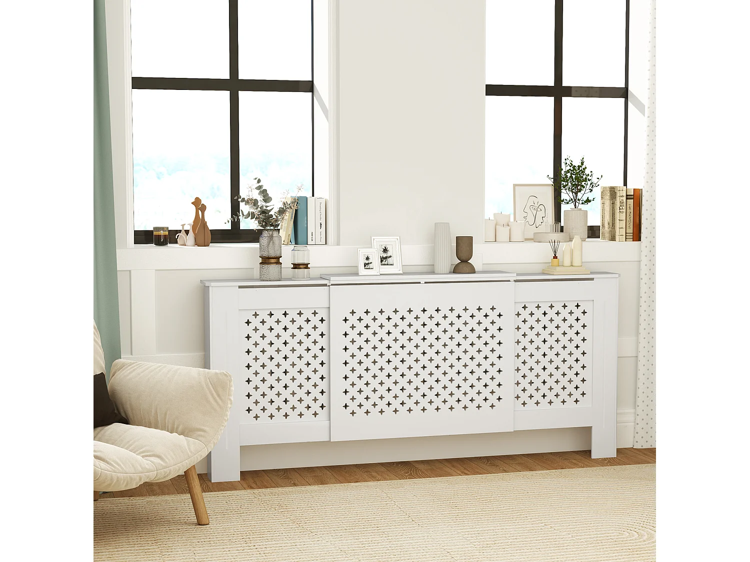 Cache-radiateur réglable motif nid d'abeille dim. 136-200L x 21,5l x 91,7H cm MDF blanc