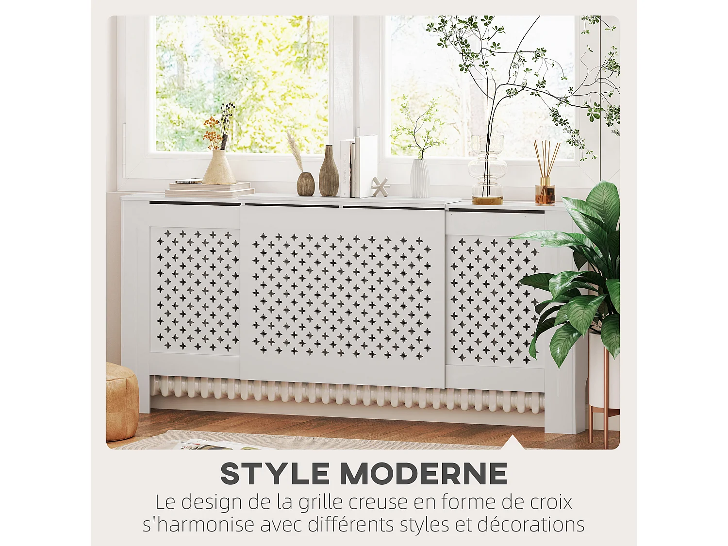 Cache-radiateur réglable motif nid d'abeille dim. 136-200L x 21,5l x 91,7H cm MDF blanc