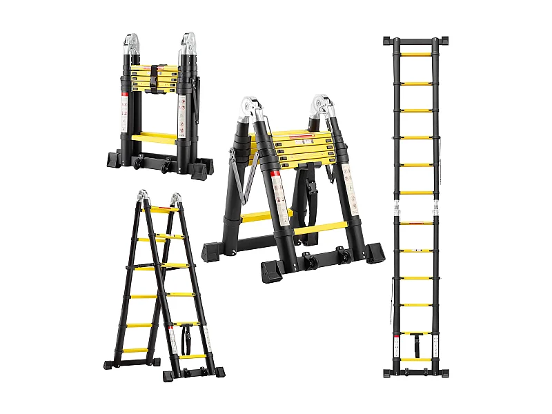 Échelle télescopique de 3.8 m (1,9+1,9), échelle pliante avec poulies en bas, capacité de charge de 150 kg, noir