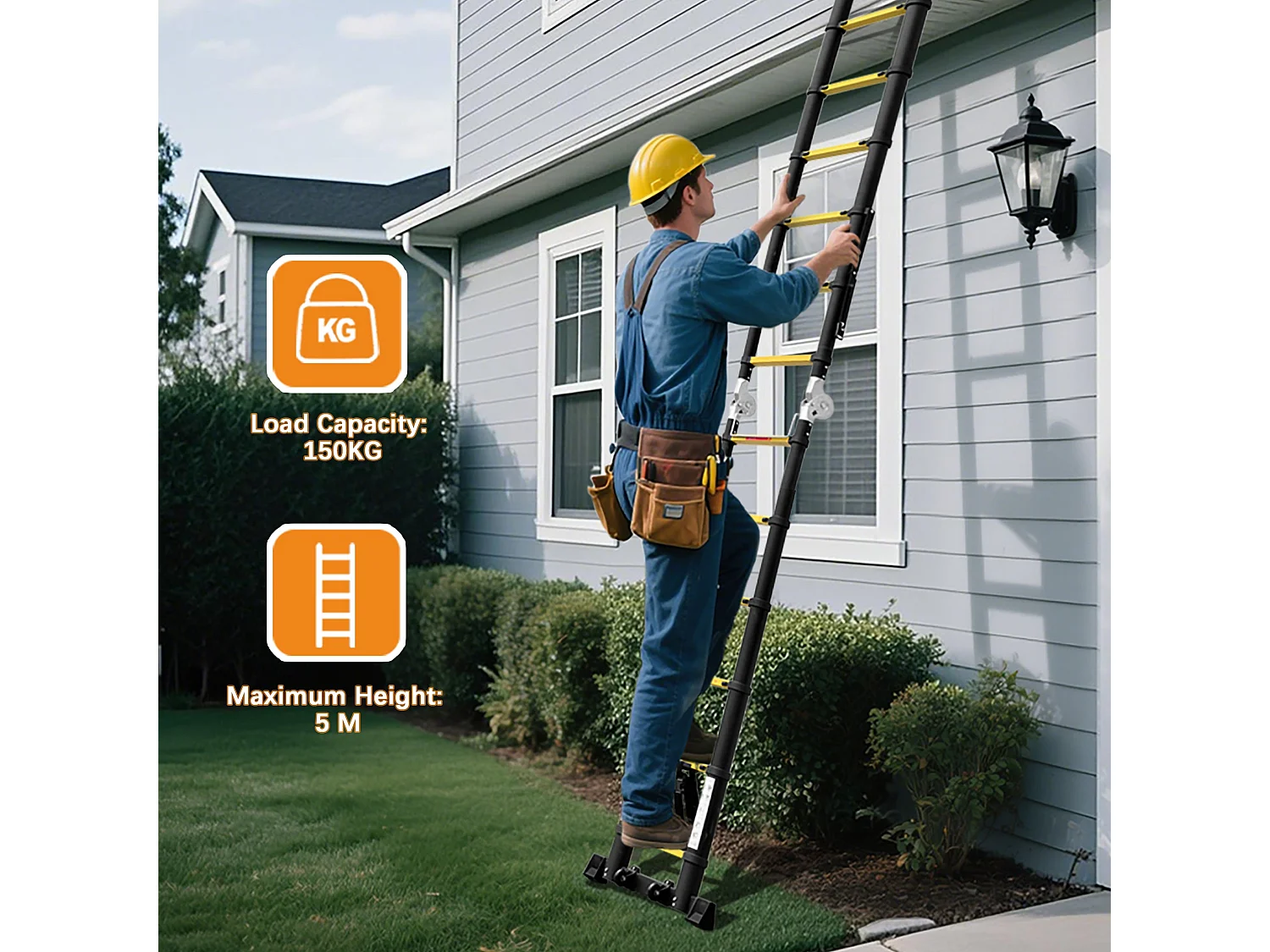 Échelle télescopique de 3.8 m (1,9+1,9), échelle pliante avec poulies en bas, capacité de charge de 150 kg, noir