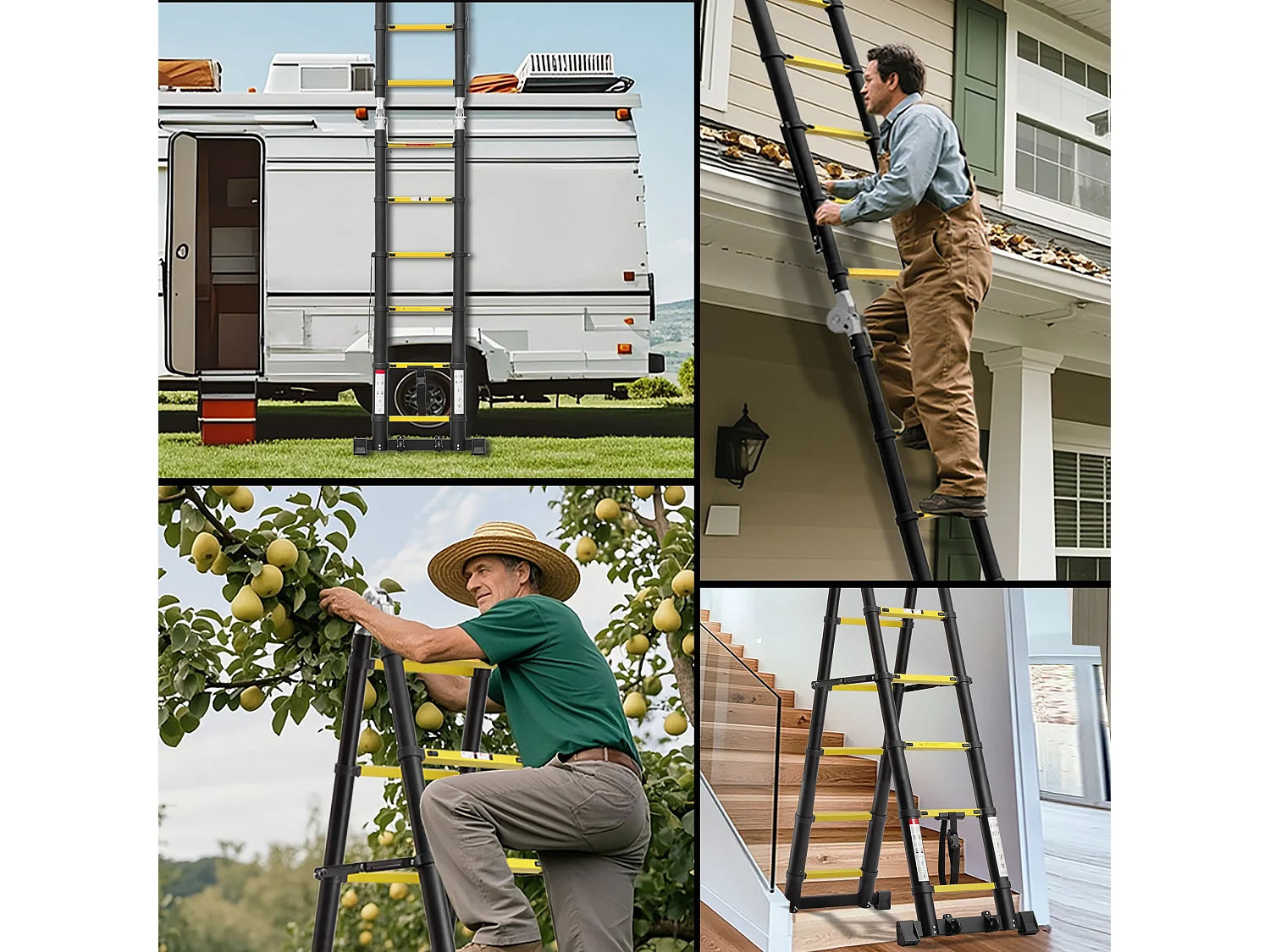 Échelle télescopique de 3.8 m (1,9+1,9), échelle pliante avec poulies en bas, capacité de charge de 150 kg, noir