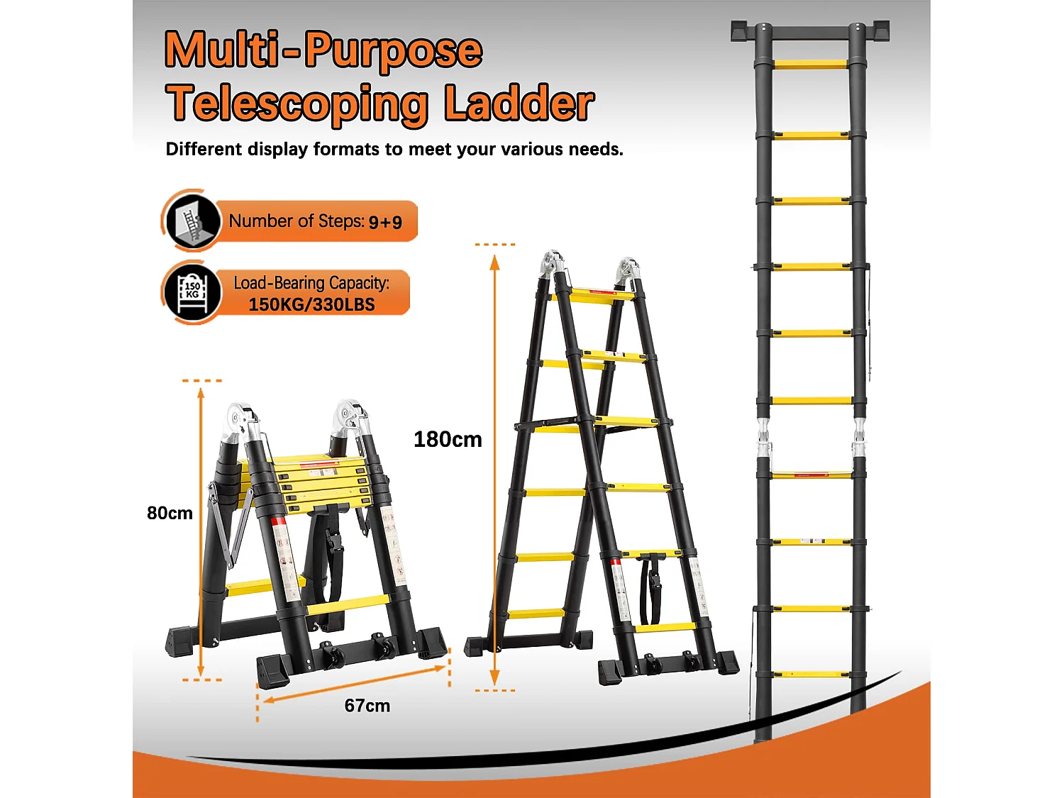 Échelle télescopique de 3.8 m (1,9+1,9), échelle pliante avec poulies en bas, capacité de charge de 150 kg, noir