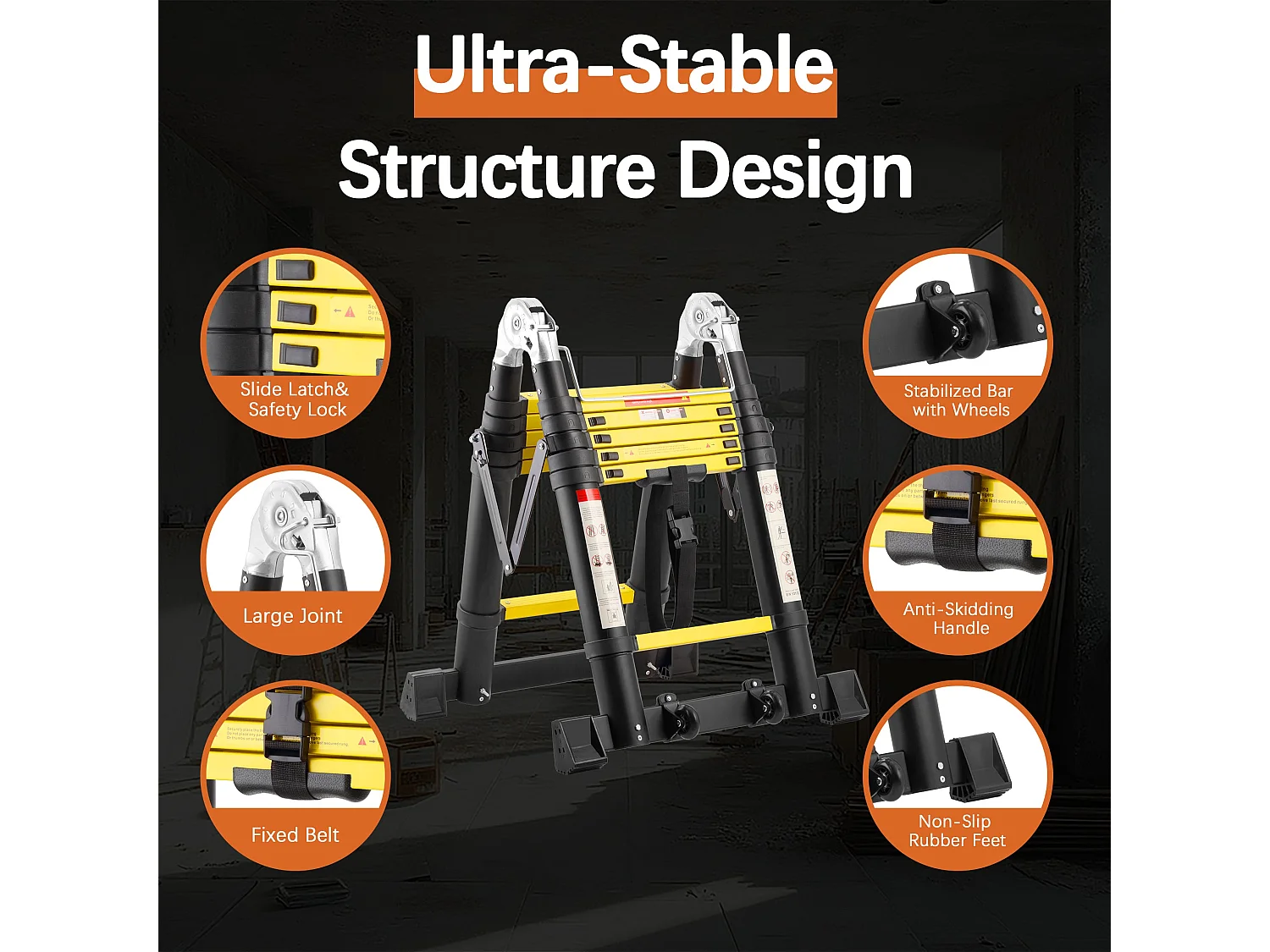 Échelle télescopique de 3.8 m (1,9+1,9), échelle pliante avec poulies en bas, capacité de charge de 150 kg, noir