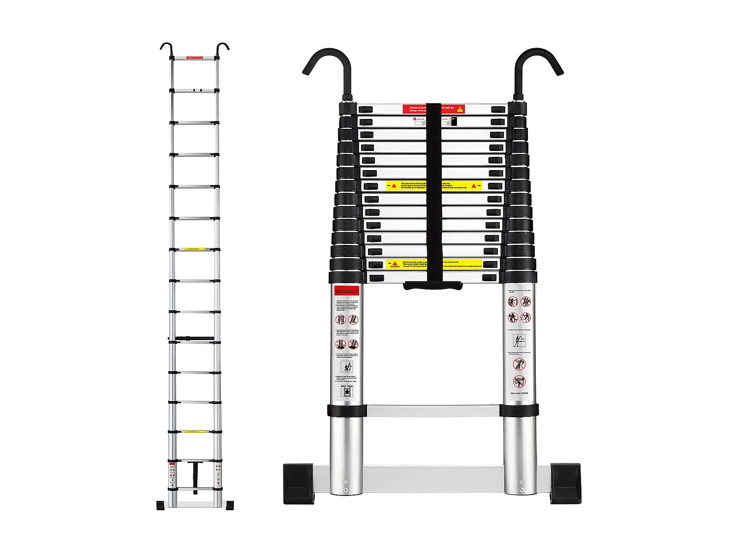 Échelle Telescopique 4,4 M en Aluminium, Escabeau Telescopique Pliable avec Barre Stabilisatrice et crochet amovible, Charge Max 150 kg