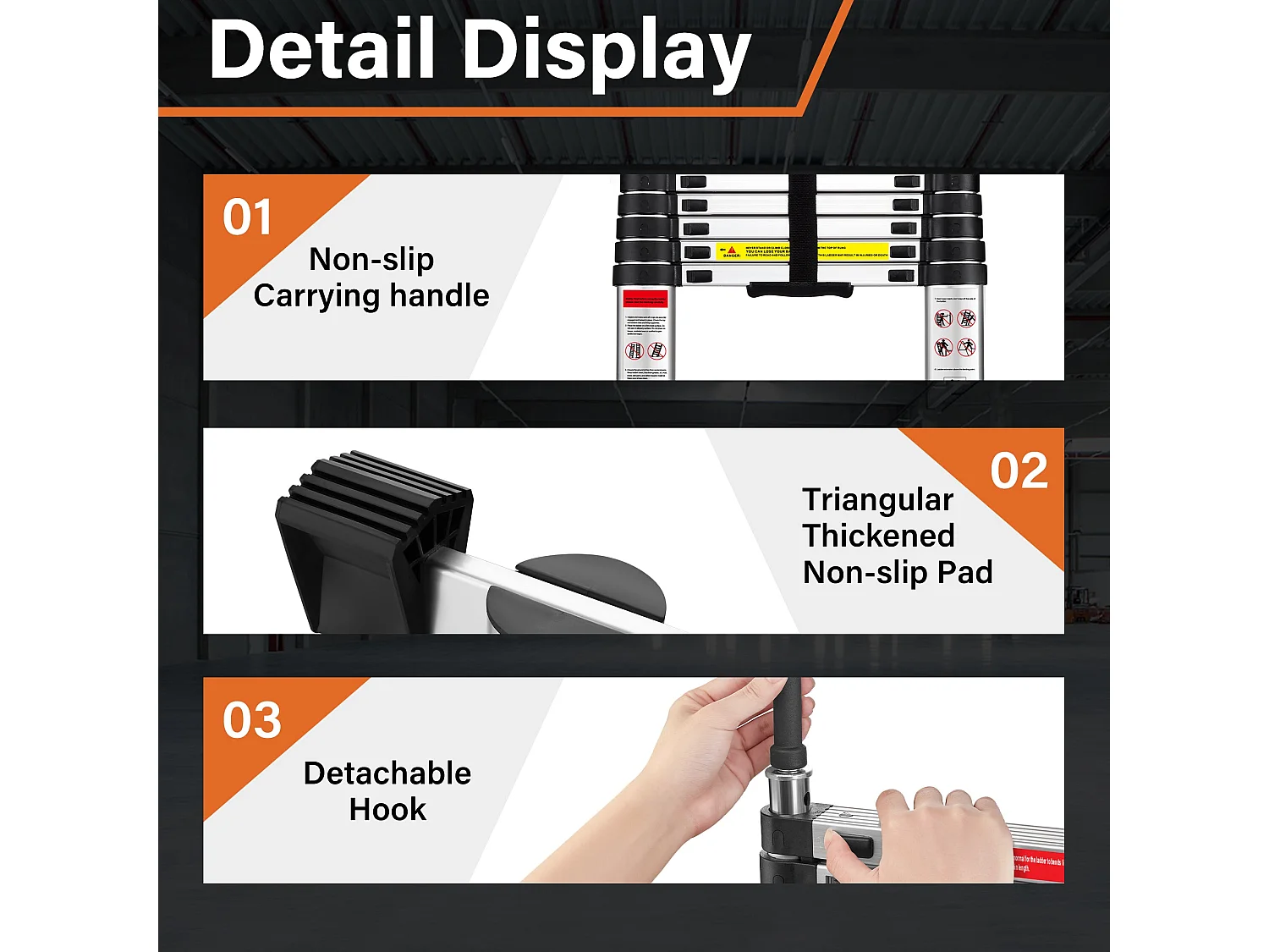 Échelle Telescopique 4,4 M en Aluminium, Escabeau Telescopique Pliable avec Barre Stabilisatrice et crochet amovible, Charge Max 150 kg