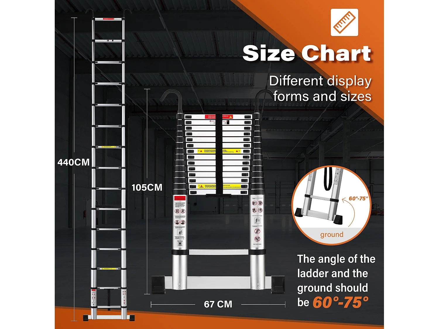 Échelle Telescopique 4,4 M en Aluminium, Escabeau Telescopique Pliable avec Barre Stabilisatrice et crochet amovible, Charge Max 150 kg