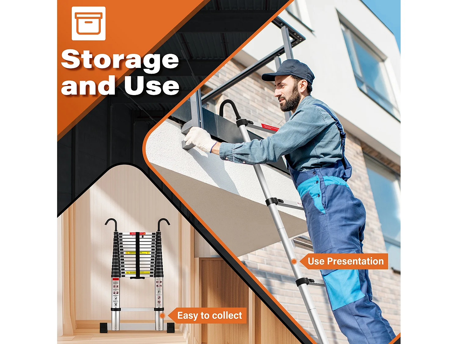 Échelle Telescopique 4,4 M en Aluminium, Escabeau Telescopique Pliable avec Barre Stabilisatrice et crochet amovible, Charge Max 150 kg
