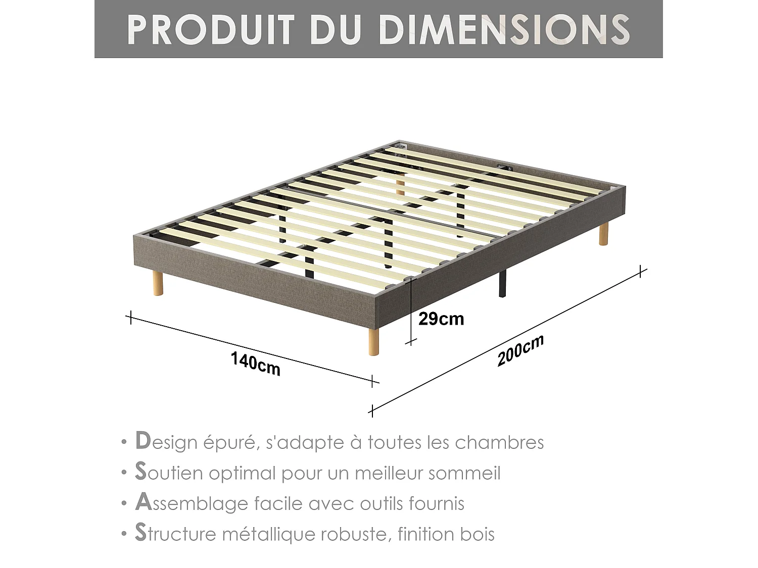 Sommier tapissier 140x200cm, 14 lattes, 9 pieds Hauteur du cadre 29 cm