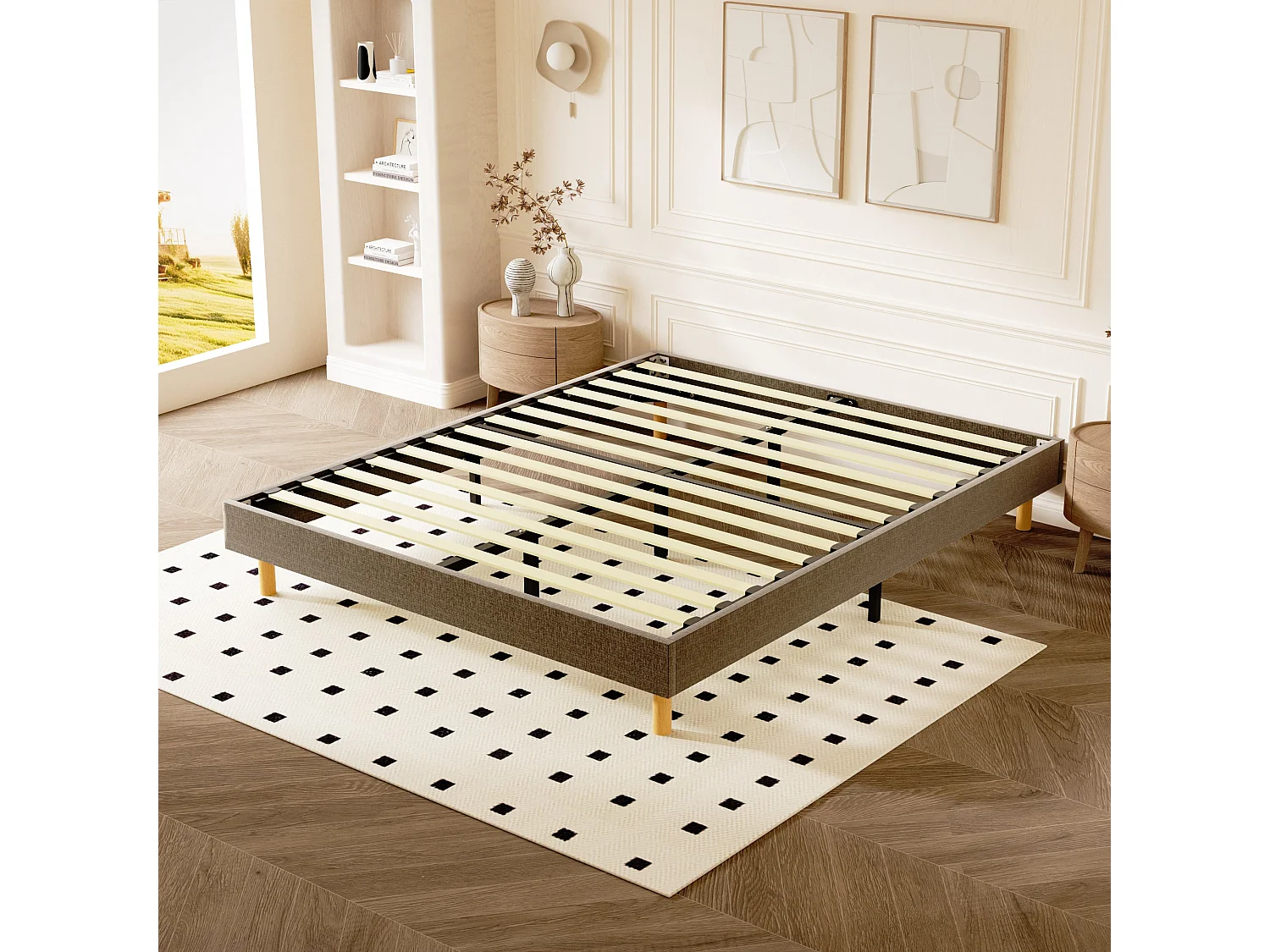 Sommier tapissier 140x200cm, 14 lattes, 9 pieds Hauteur du cadre 29 cm