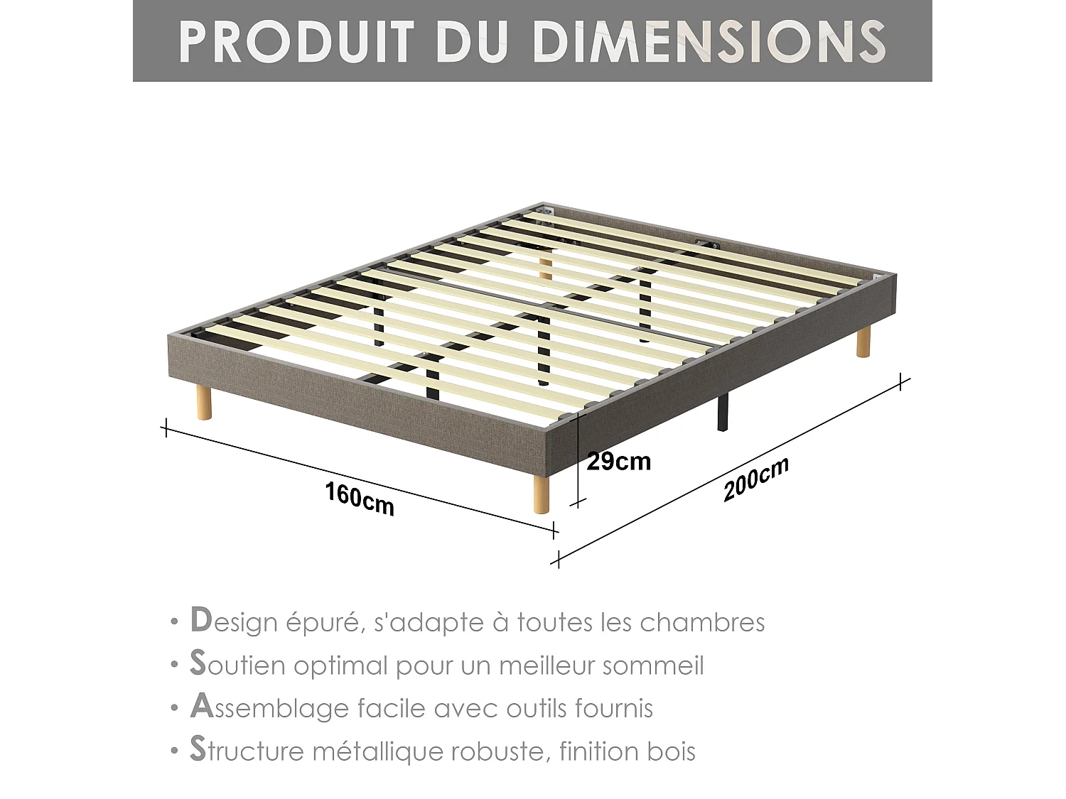 Sommier Tapissier 160x200cm , 14 lattes, Comfort, Brun