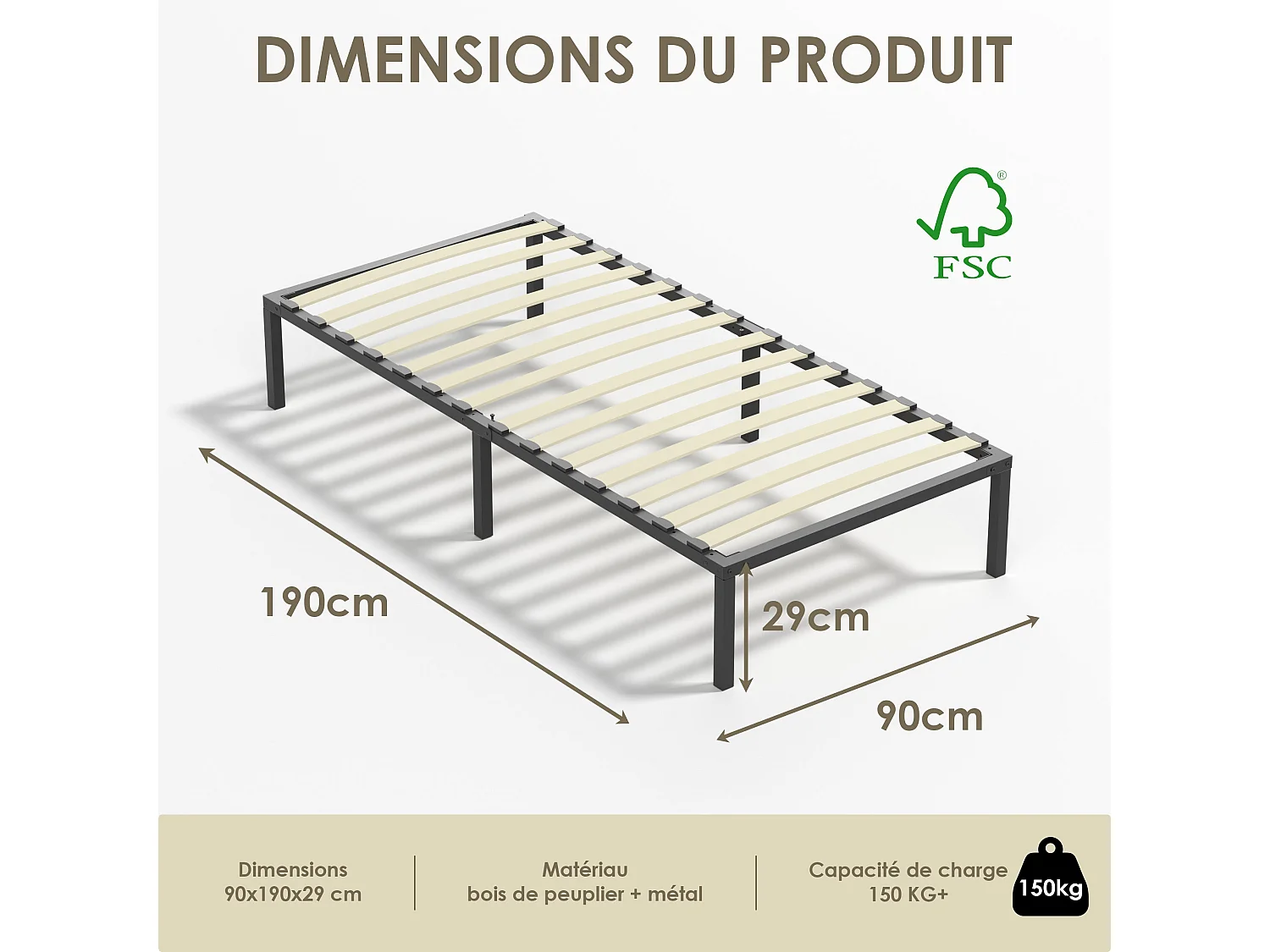 Dewinner Sommier à Lattes sur Pieds, Lit 1×14 Lattes, 90x190CM