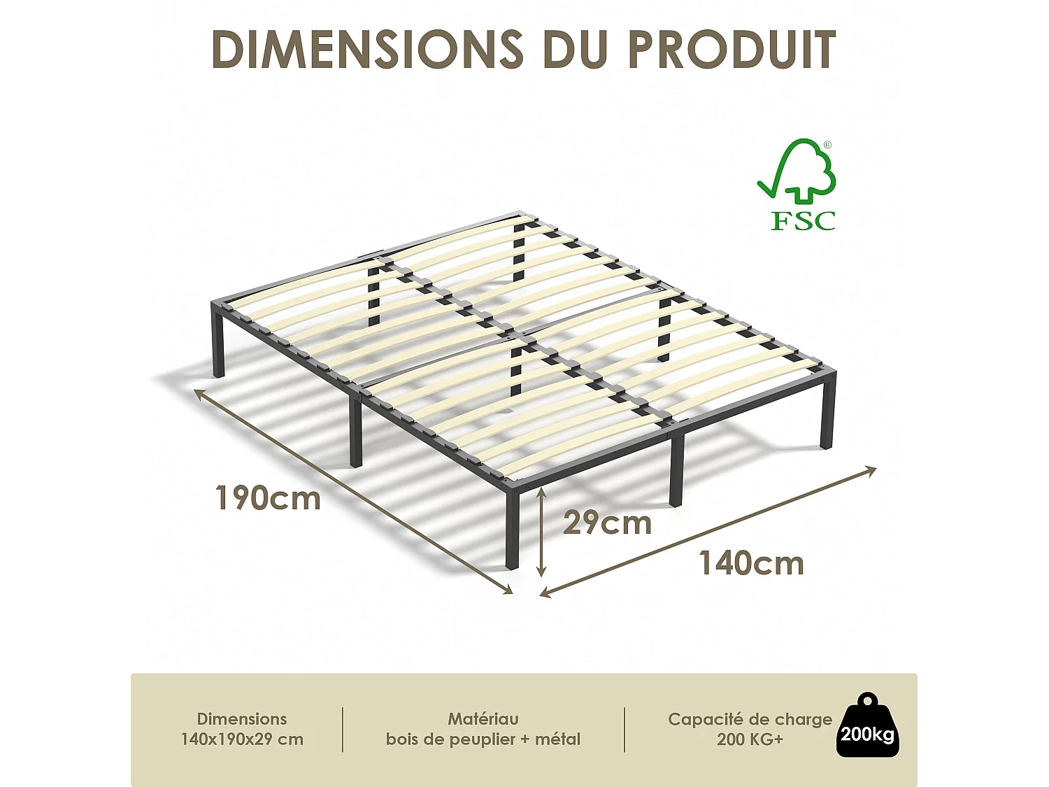 Sommier à Lattes 140x190 , Lit 2×14Lattes, 9 Pieds