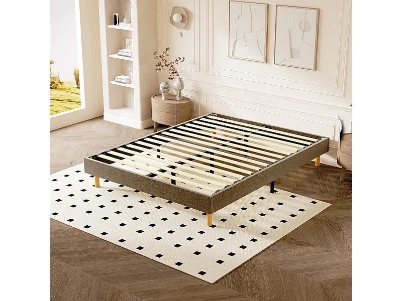 Cadre de lit rembourré marron 140 x 190 cm, 14 lattes, 9 pieds, hauteur 29 cm