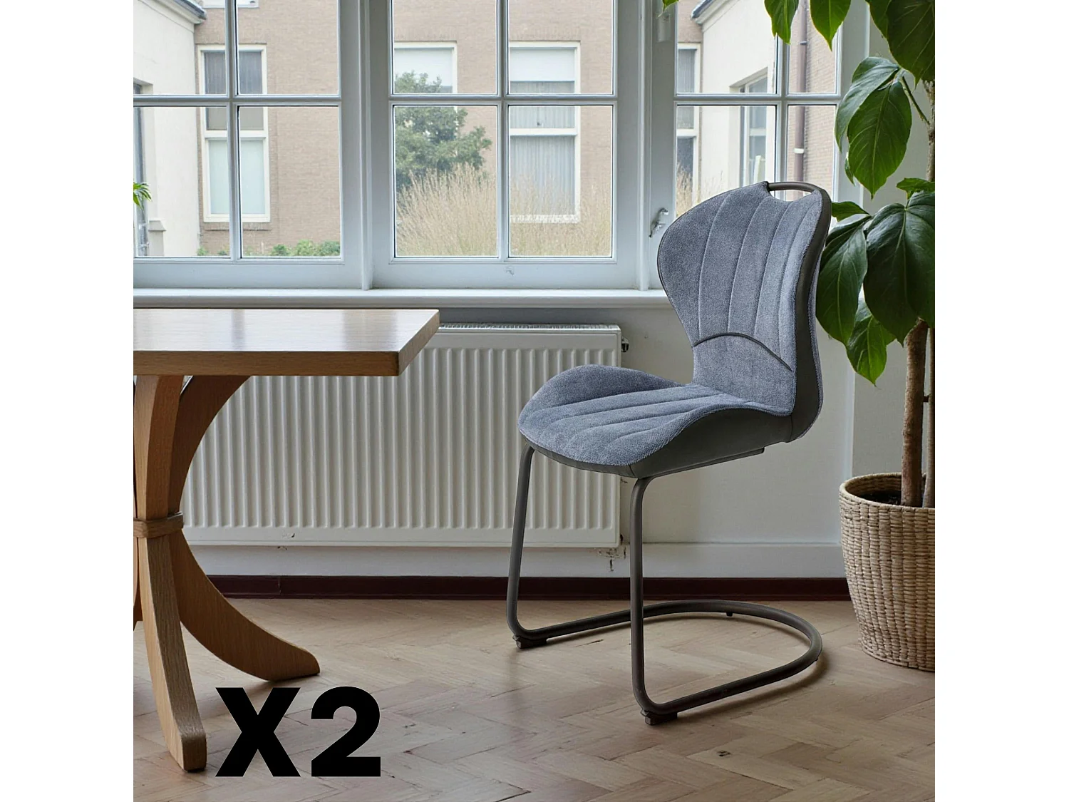 Chaise pied luge bi-matière en tissu bleu (lot de 2) LIGURIE