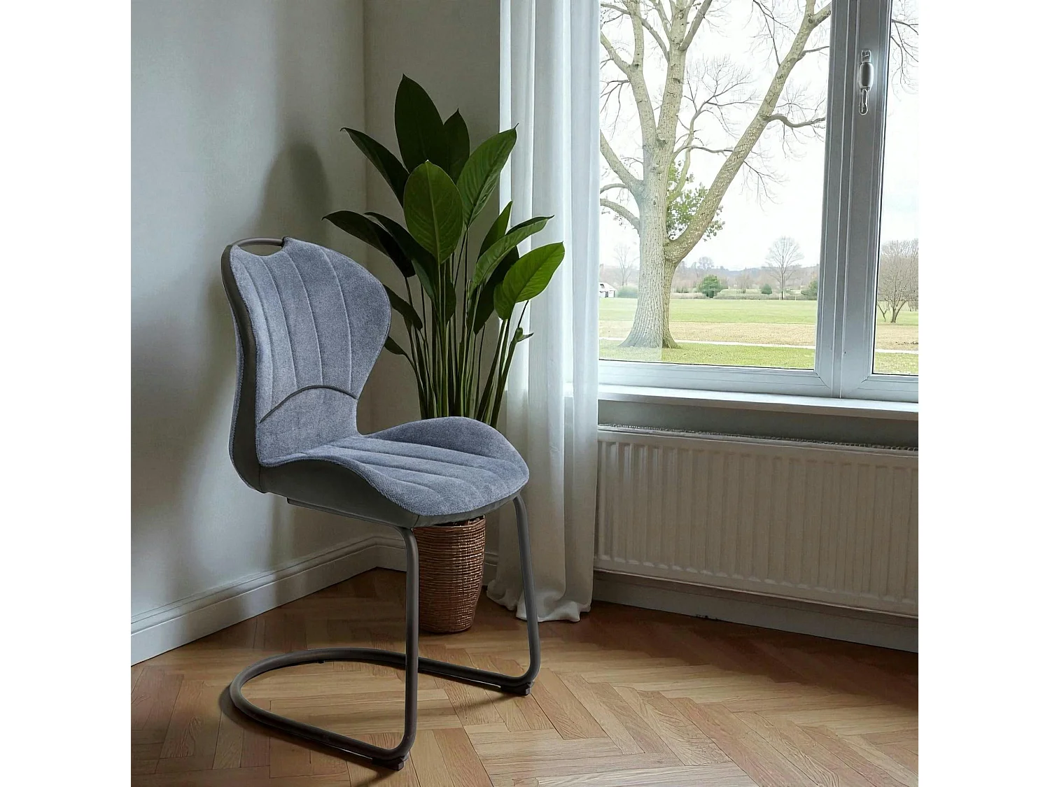 Chaise pied luge bi-matière en tissu bleu (lot de 2) LIGURIE