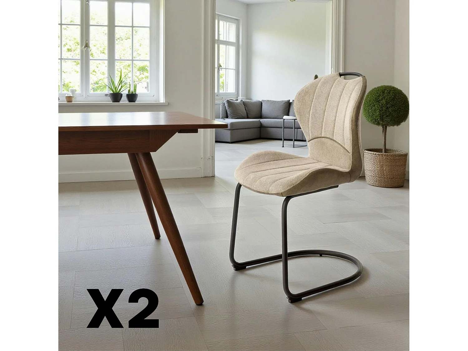 Chaise pied luge bi-matière en tissu beige (lot de 2) LIGURIE