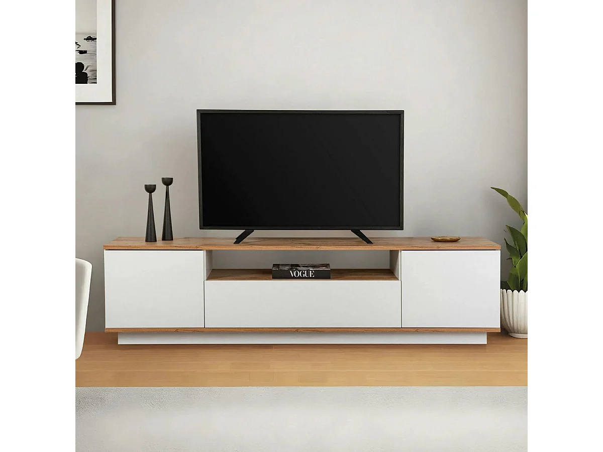 Meuble TV moderne 3 portes blanc et effet pin MARFA