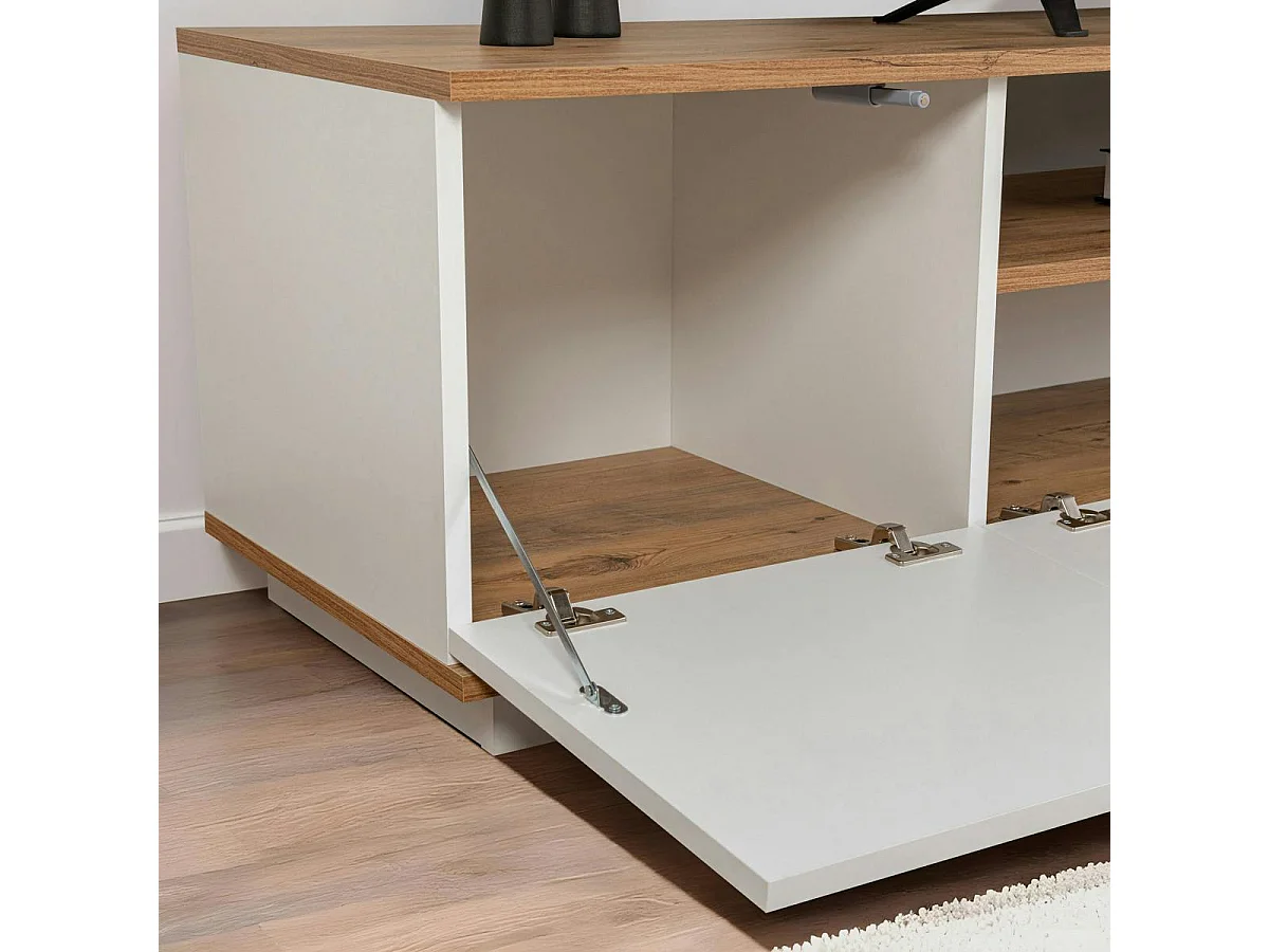 Meuble TV moderne 3 portes blanc et effet pin MARFA