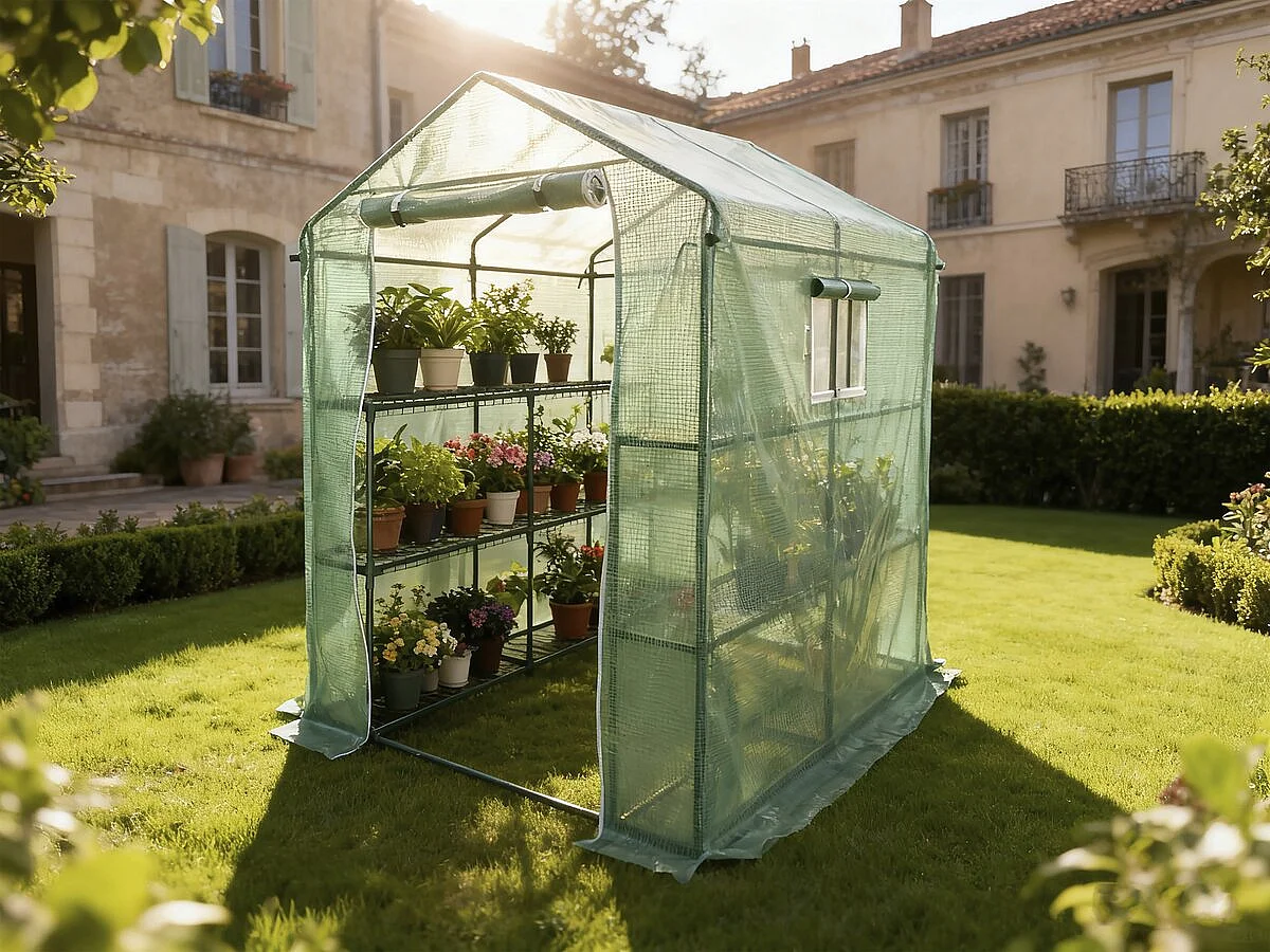 Serre tomates de jardin avec étagères "Lys" - 2.04 m² - 130g - Vert