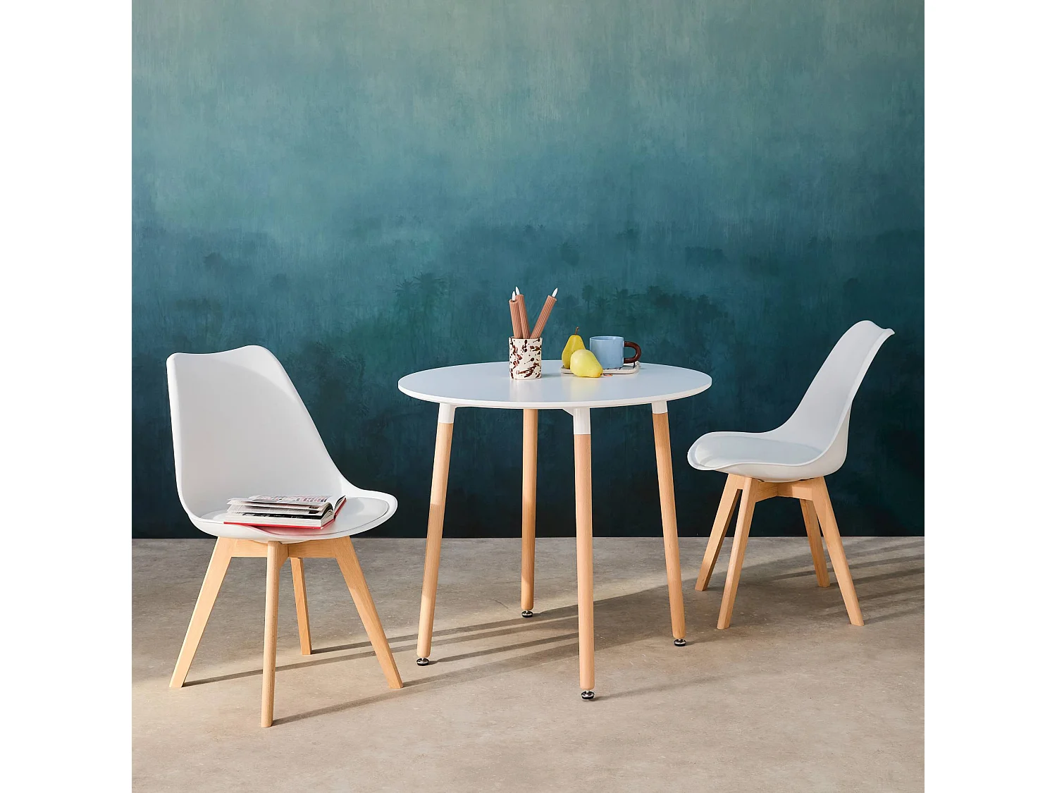 Conjunto de mesa de comedor redonda 80cm + 2 sillas escandinavas