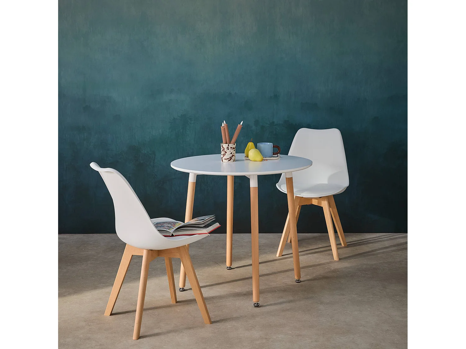 Conjunto de mesa de comedor redonda 80cm + 2 sillas escandinavas