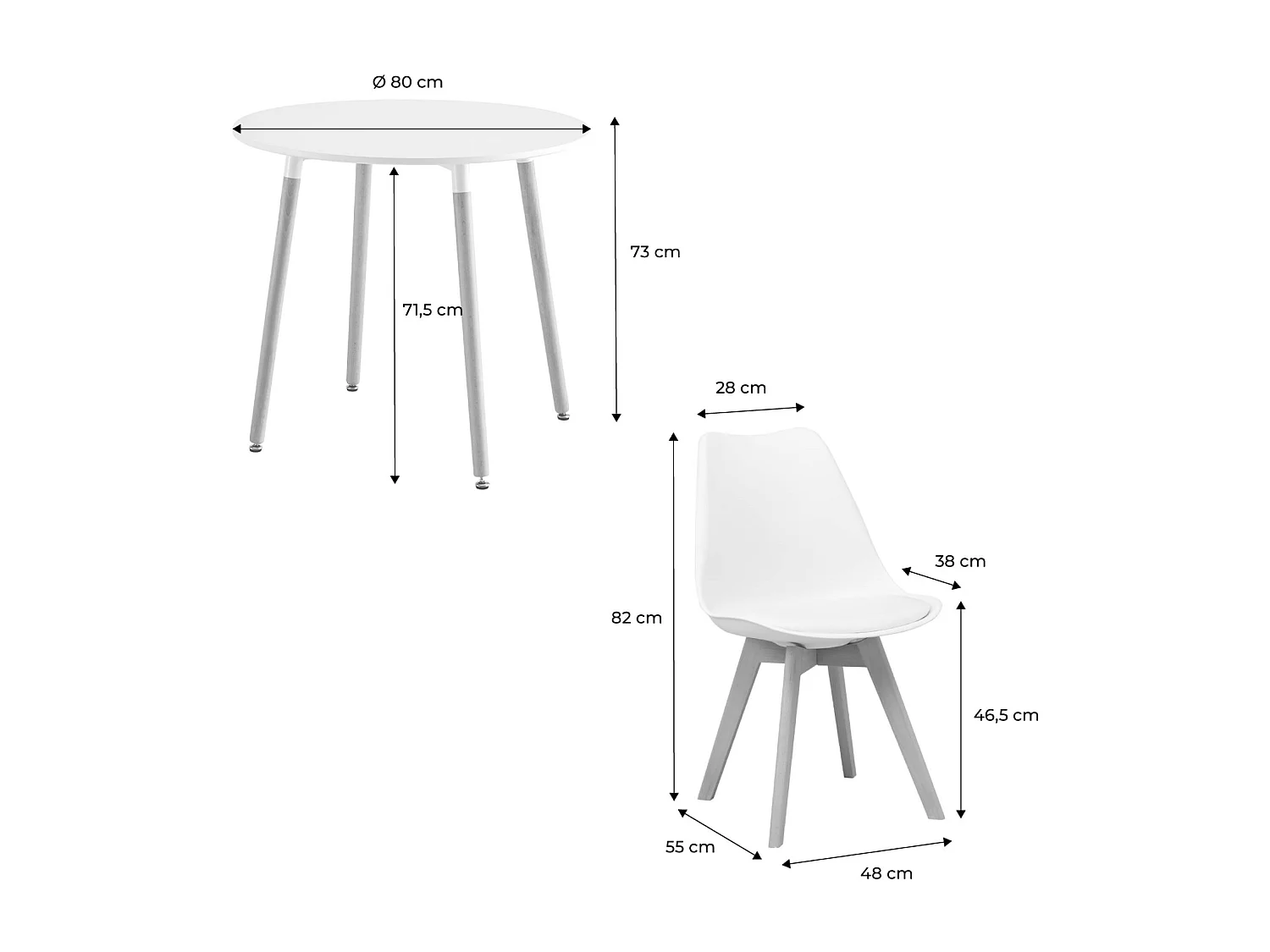Conjunto de mesa de comedor redonda 80cm + 2 sillas escandinavas