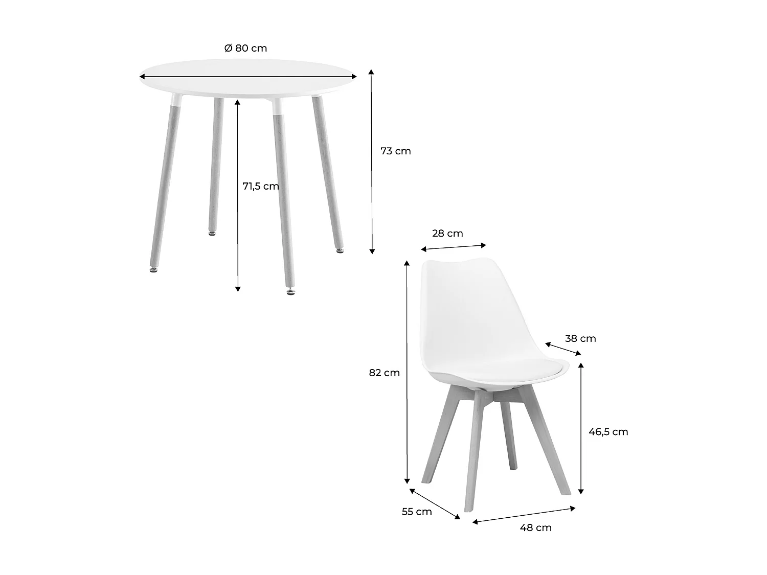 Conjunto de mesa de comedor redonda 80cm + 2 sillas escandinavas