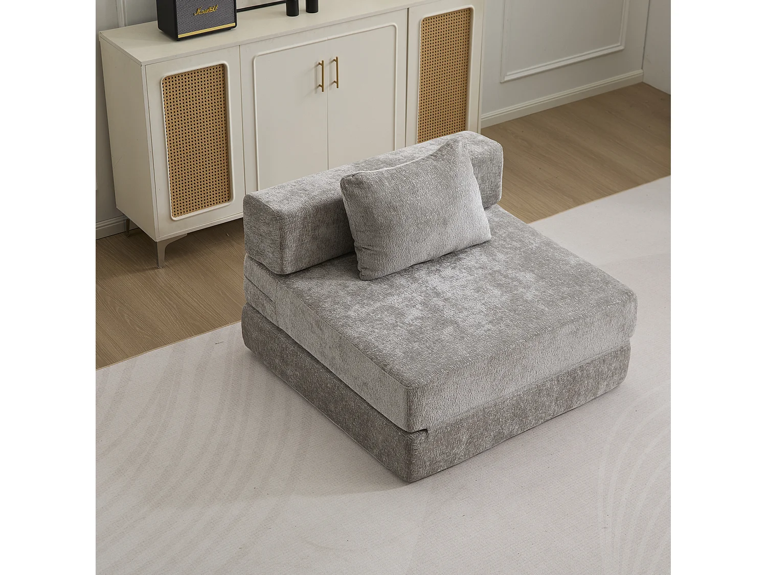 Sofá individual, sofá cama modular convertible, tapizado en chenilla, no requiere montaje, gris claro