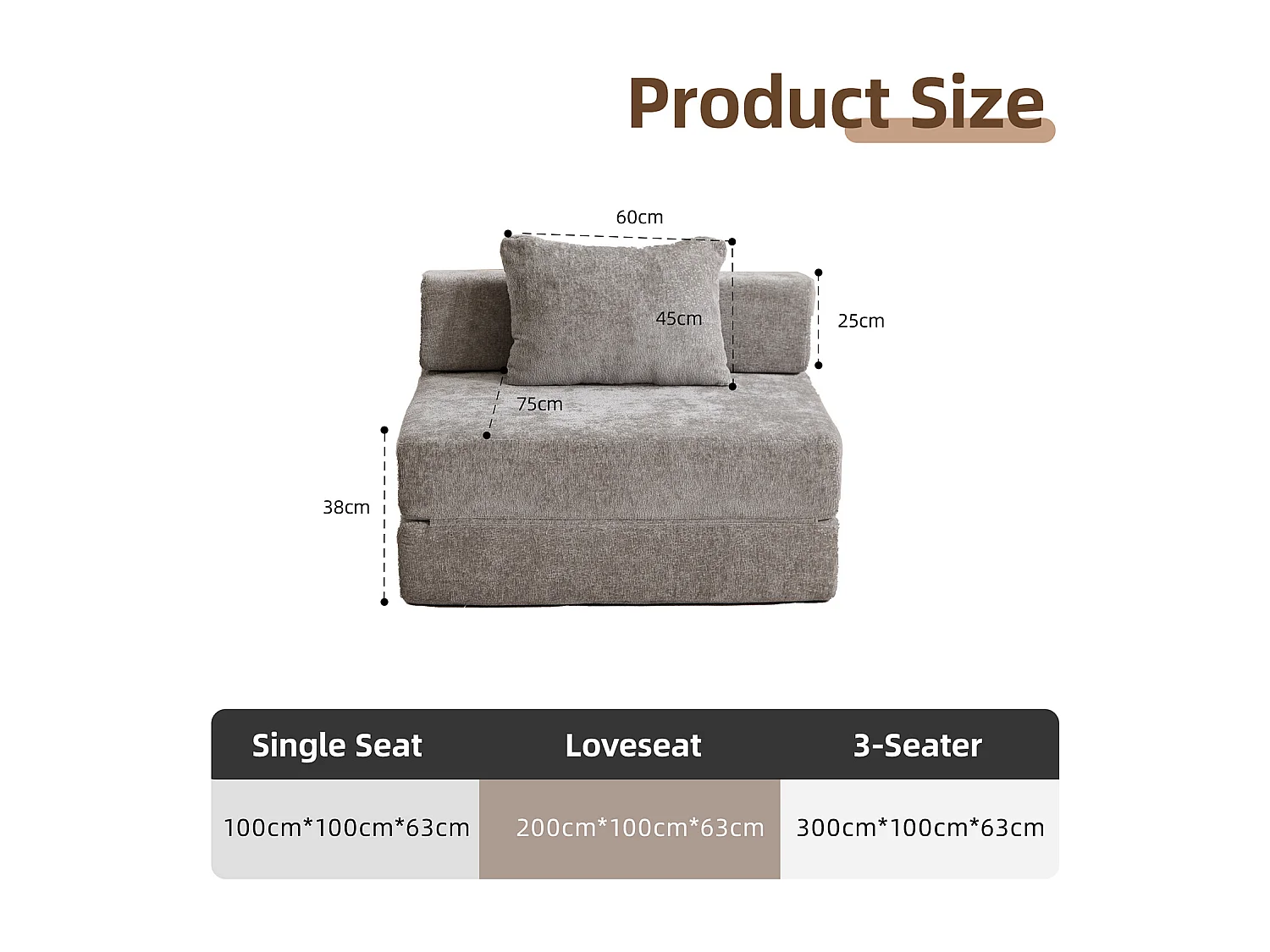 Sofá individual, sofá cama modular convertible, tapizado en chenilla, no requiere montaje, gris claro