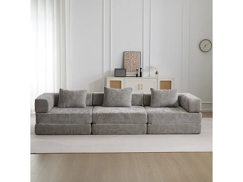 Canapé trois places, canapé-lit modulable convertible, revêtement en chenille, aucun assemblage requis, gris clair