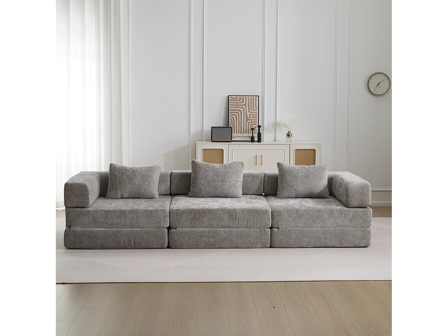 Canapé trois places, canapé-lit modulable convertible, revêtement en chenille, aucun assemblage requis, gris clair