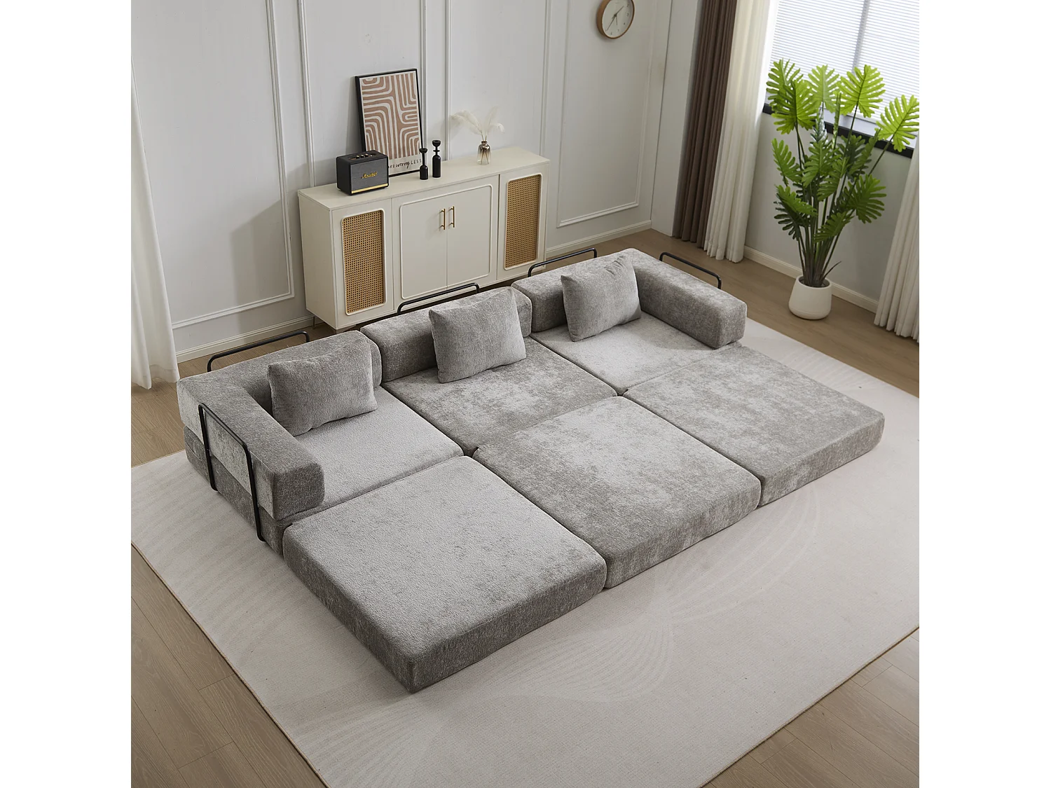 Canapé trois places, canapé-lit modulable convertible, revêtement en chenille, aucun assemblage requis, gris clair