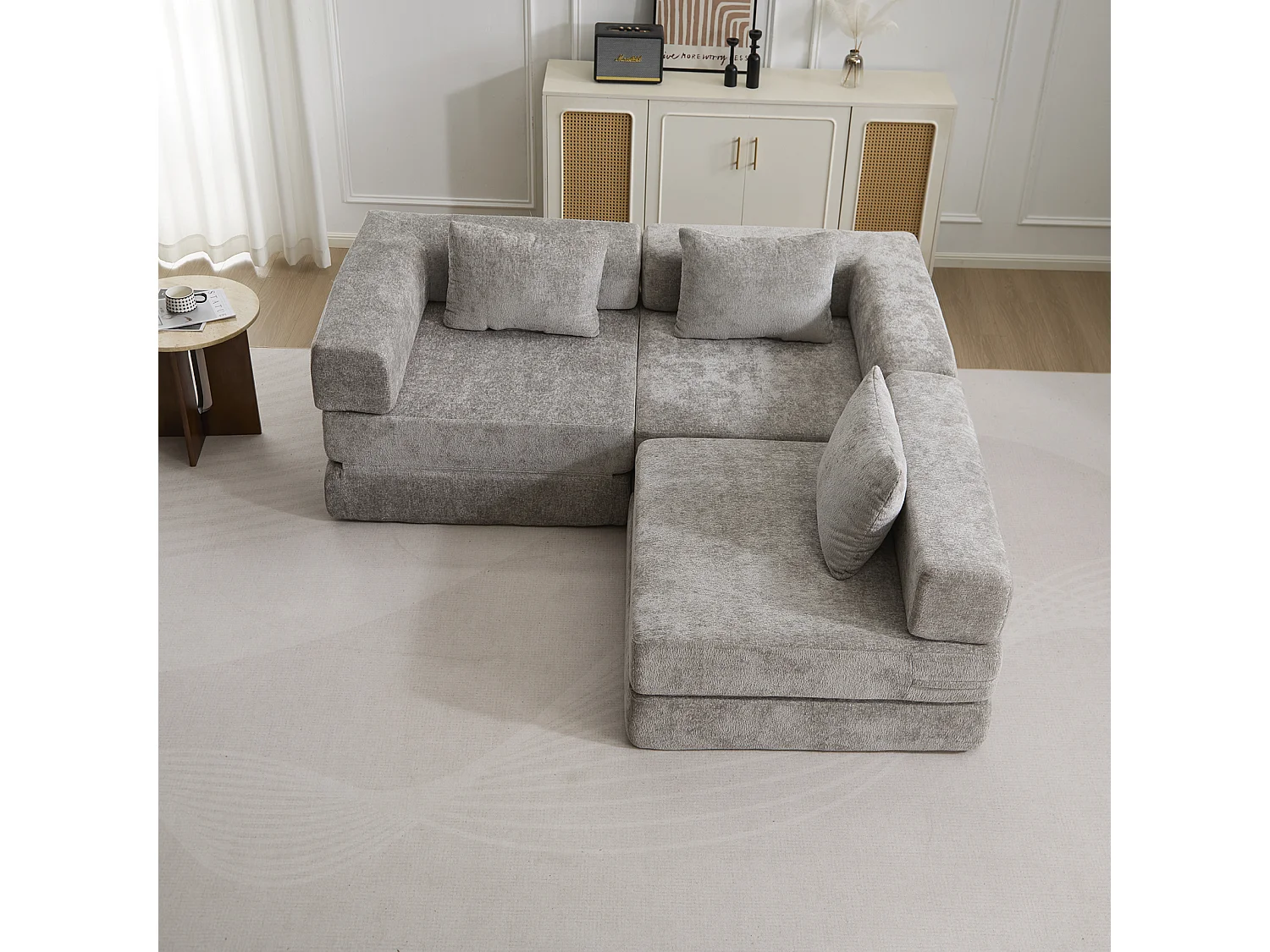 Canapé trois places, canapé-lit modulable convertible, revêtement en chenille, aucun assemblage requis, gris clair