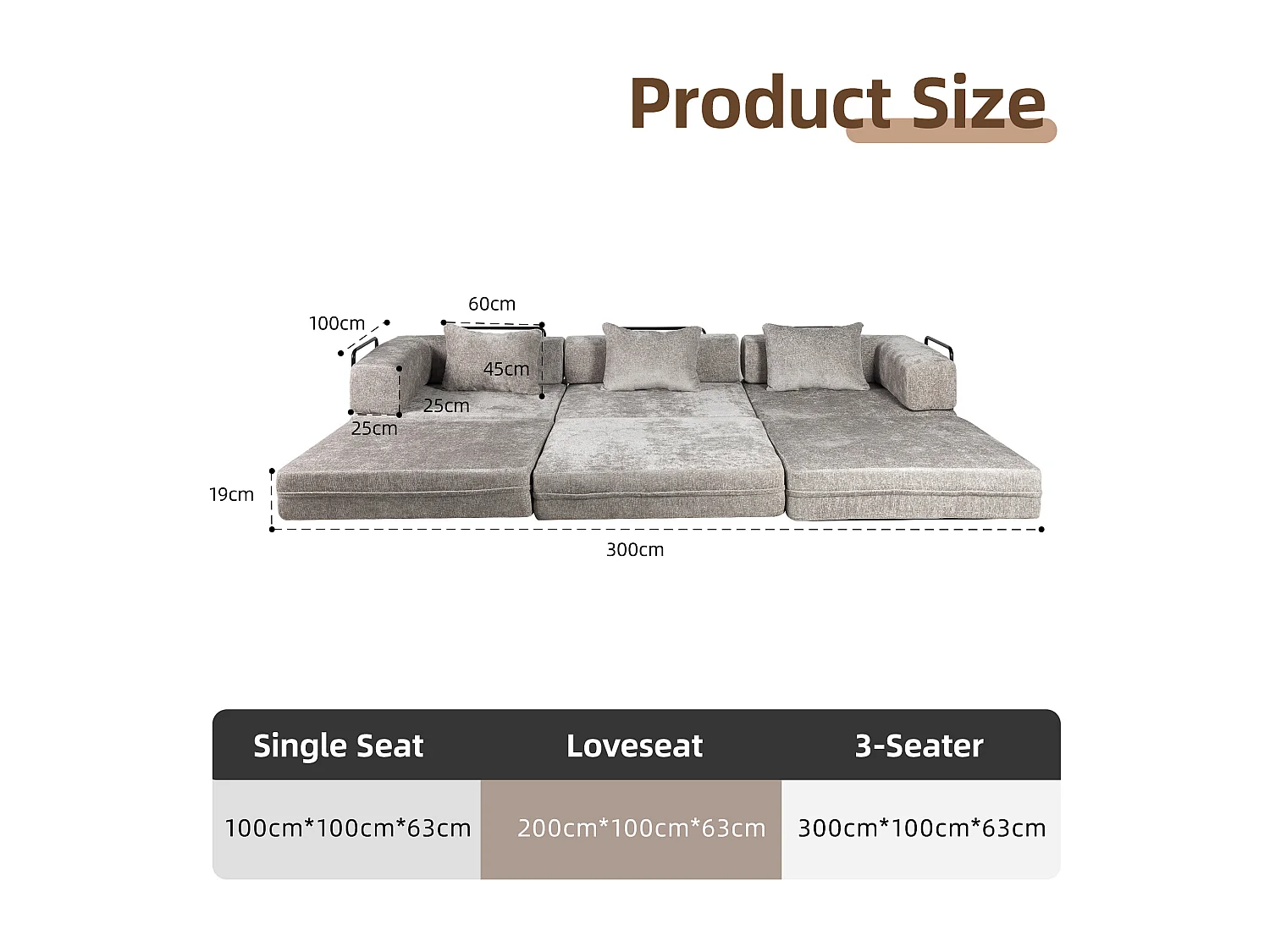 Canapé trois places, canapé-lit modulable convertible, revêtement en chenille, aucun assemblage requis, gris clair