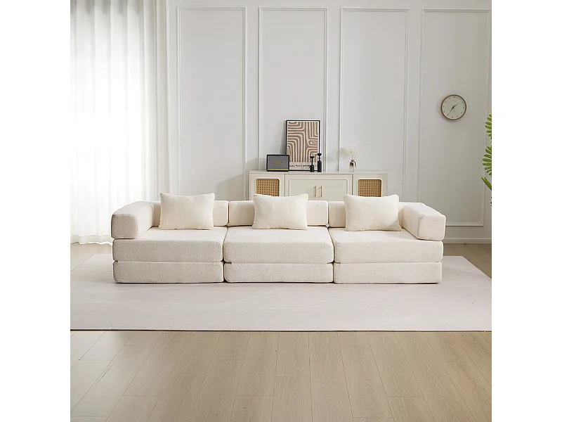 Canapé trois places, canapé-lit modulable convertible, revêtement en chenille, aucun assemblage requis, blanc