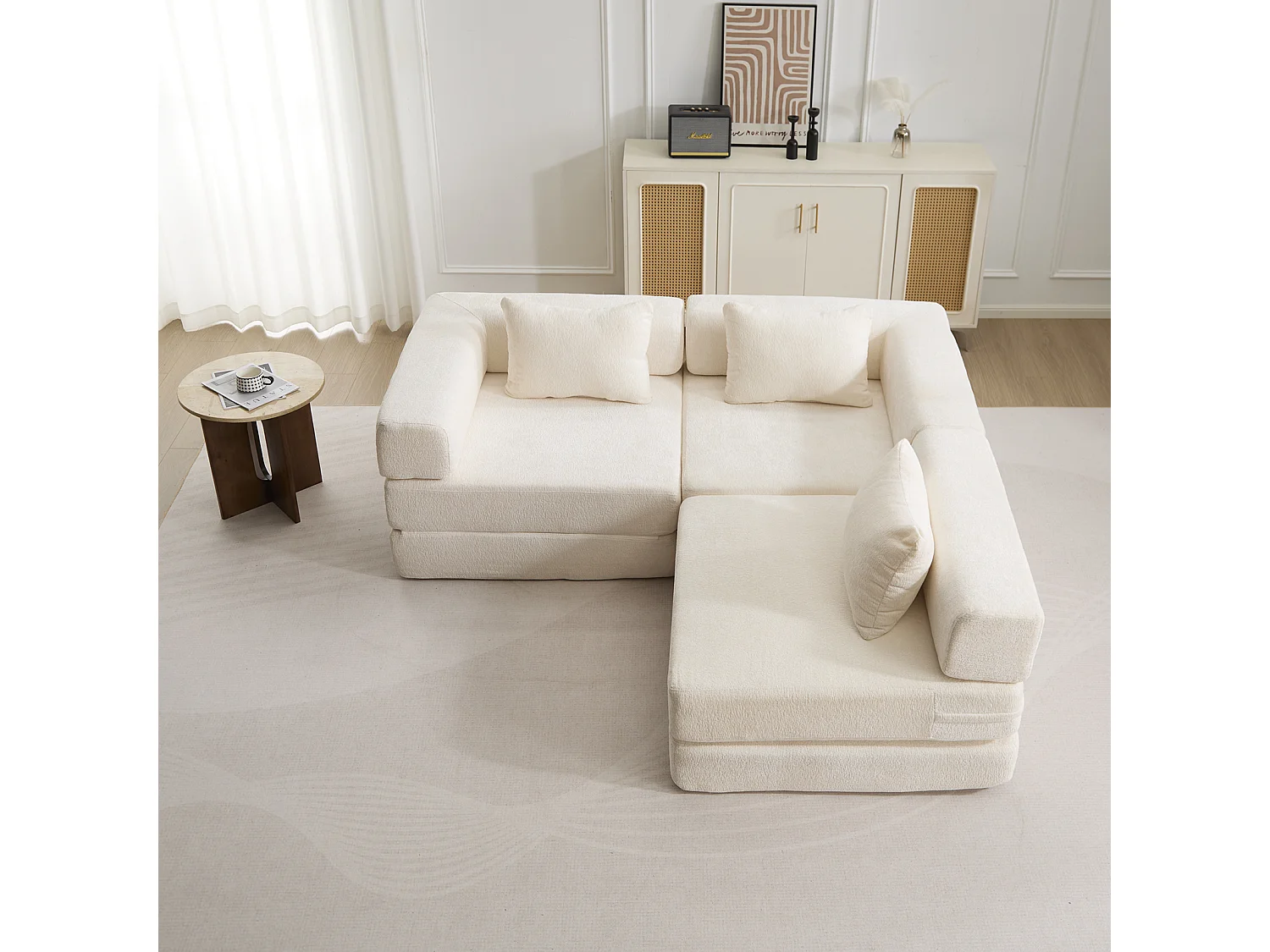 Driezitsbank, modulaire slaapbank, bekleding in chenille, geen montage nodig, wit