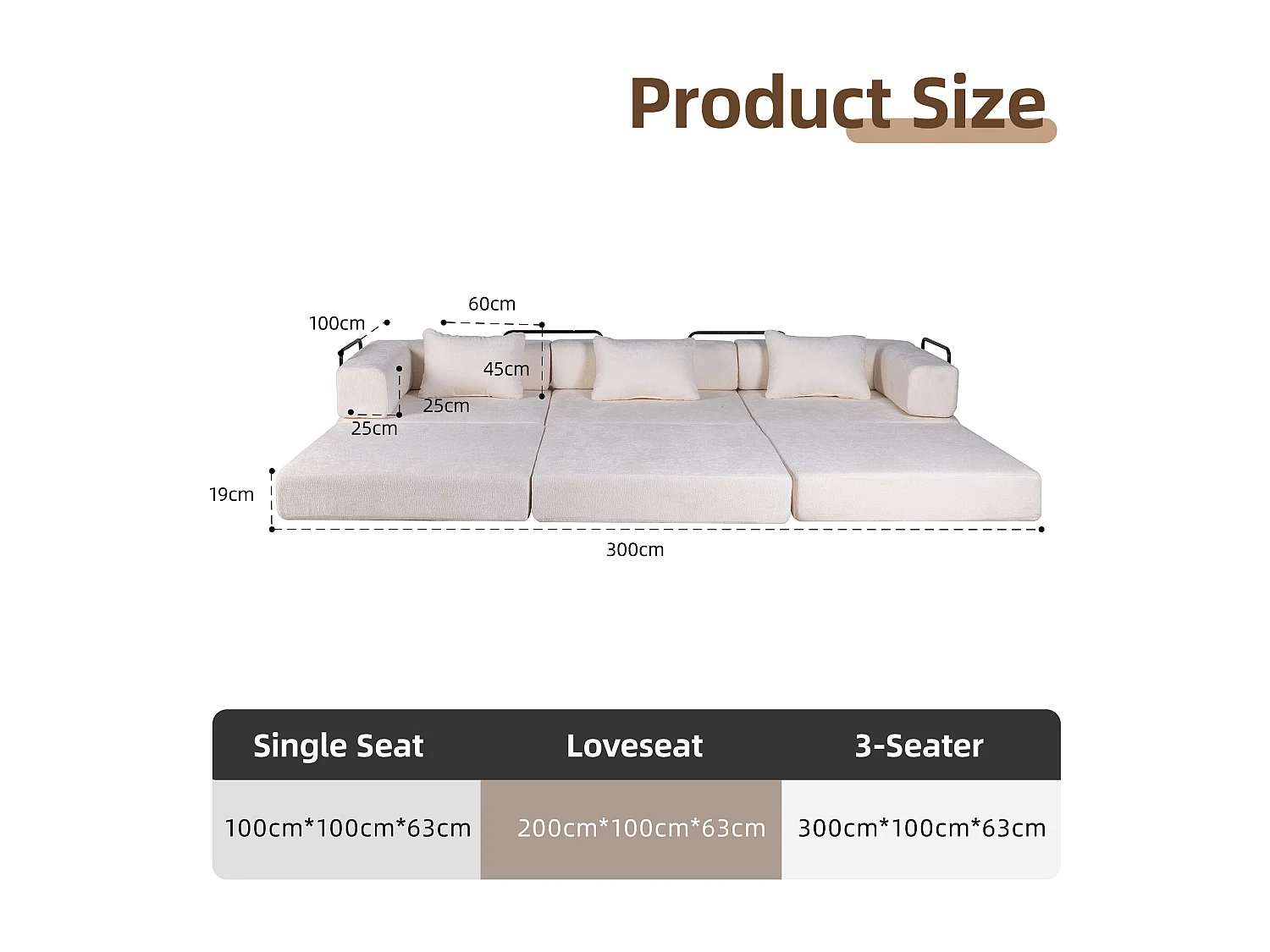 Driezitsbank, modulaire slaapbank, bekleding in chenille, geen montage nodig, wit