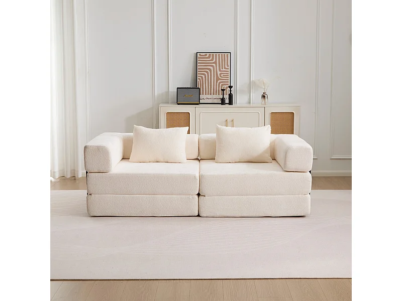 Canapé deux places, canapé-lit modulable convertible, revêtement en chenille, aucun assemblage requis, blanc