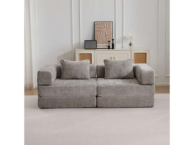 Canapé deux places, canapé-lit modulable convertible, revêtement en chenille, aucun assemblage requis, gris clair