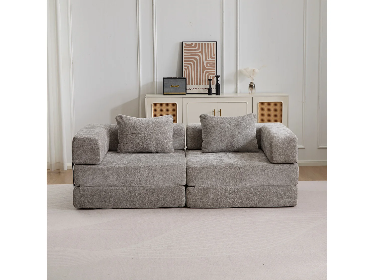 Sofá de dos plazas, sofá cama modular convertible, tapizado en chenilla, no requiere montaje, gris claro