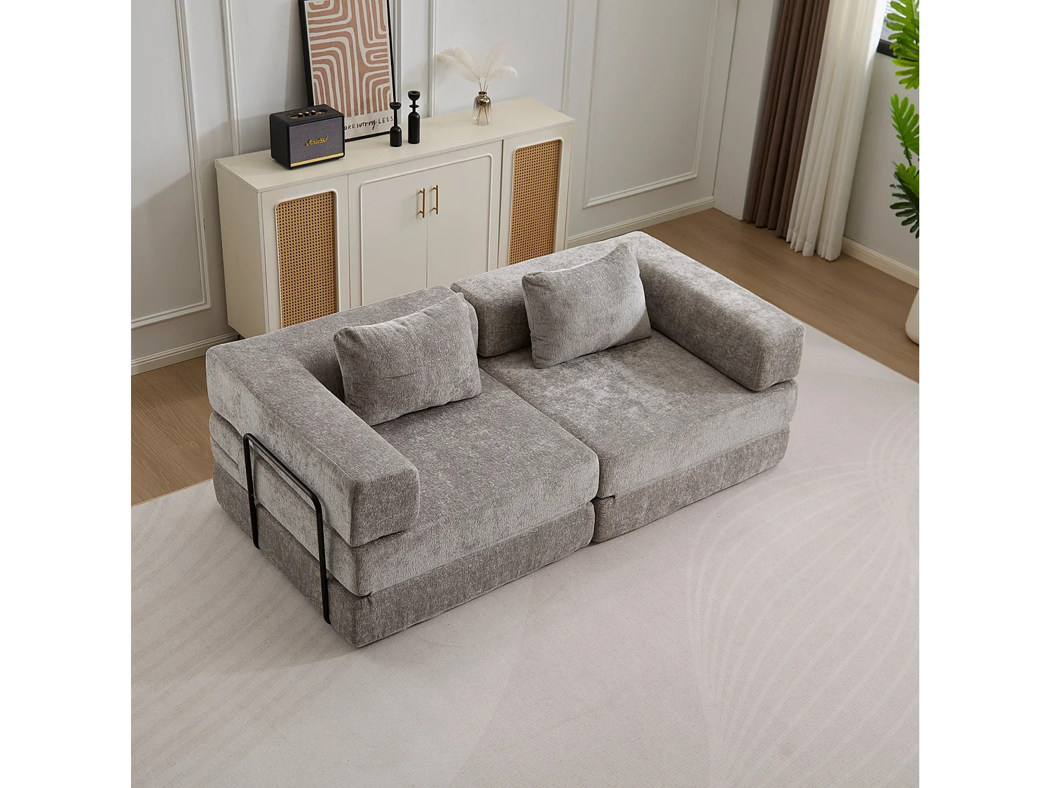 Sofá de dos plazas, sofá cama modular convertible, tapizado en chenilla, no requiere montaje, gris claro