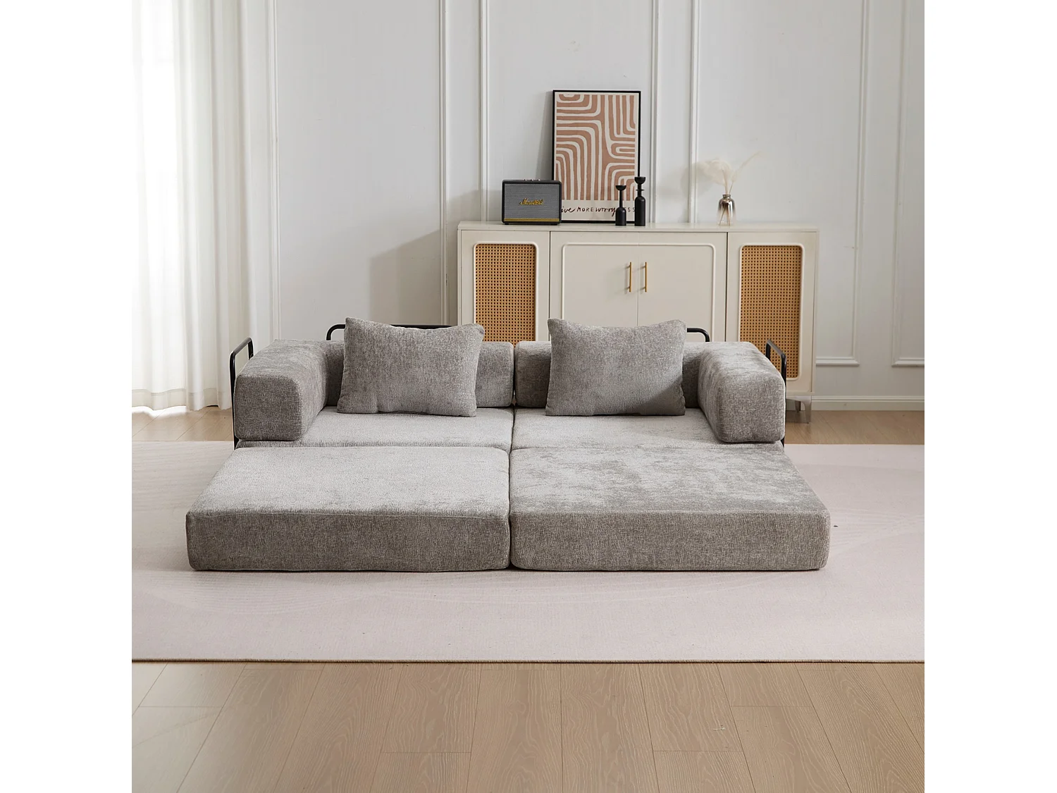 Sofá de dos plazas, sofá cama modular convertible, tapizado en chenilla, no requiere montaje, gris claro