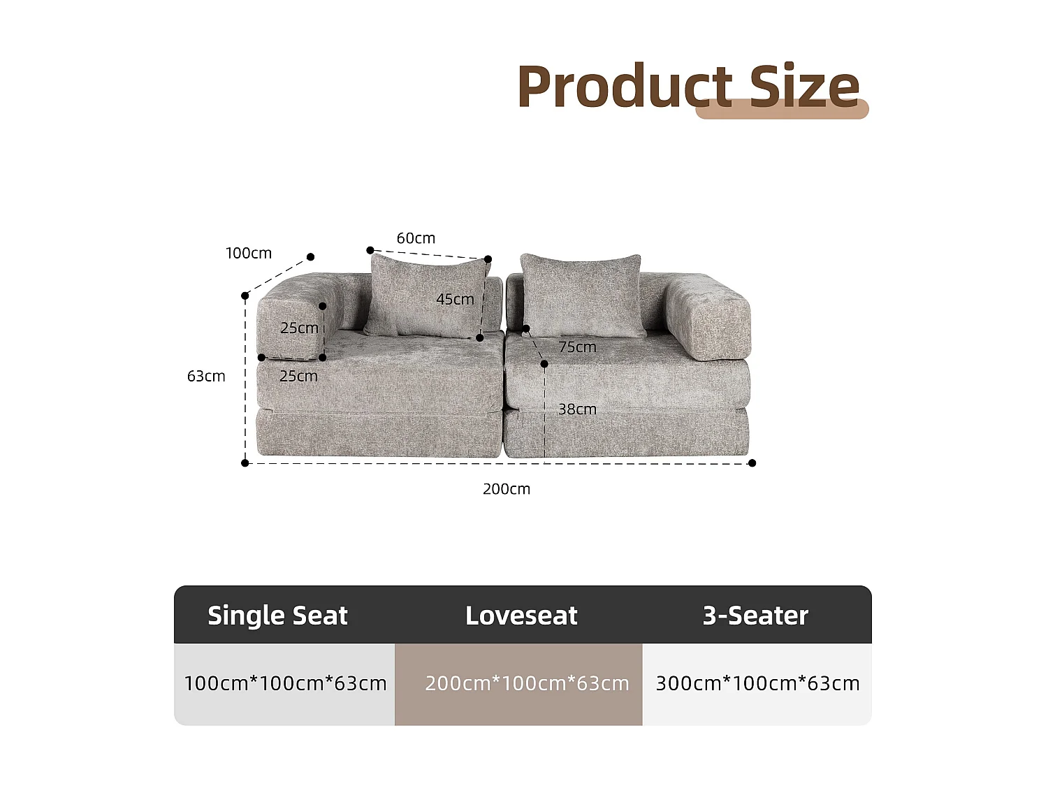 Sofá de dos plazas, sofá cama modular convertible, tapizado en chenilla, no requiere montaje, gris claro