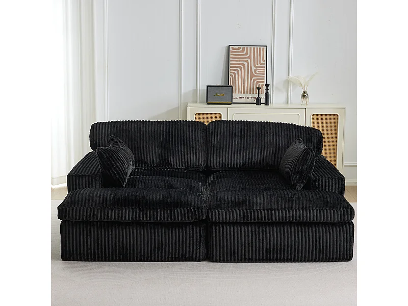 Divano letto modulare in velluto a coste con chaise longue, design pronto all'uso, appositamente progettato per appartamenti compatti, nero