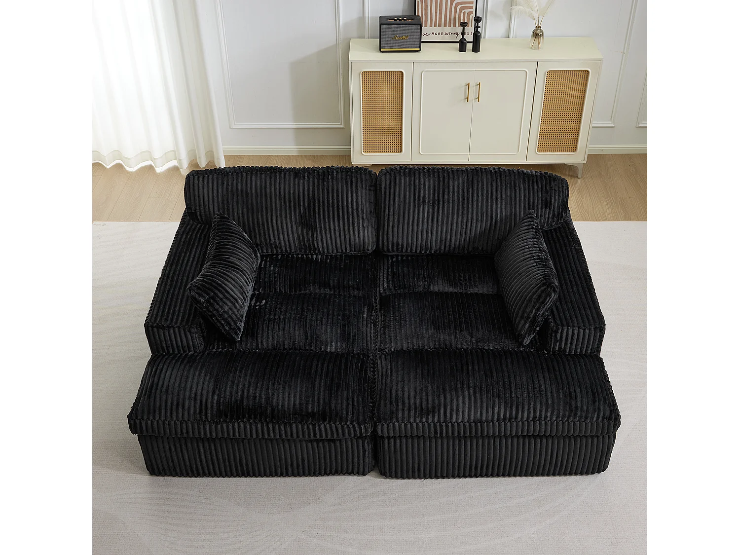 Divano letto modulare in velluto a coste con chaise longue, design pronto all'uso, appositamente progettato per appartamenti compatti, nero